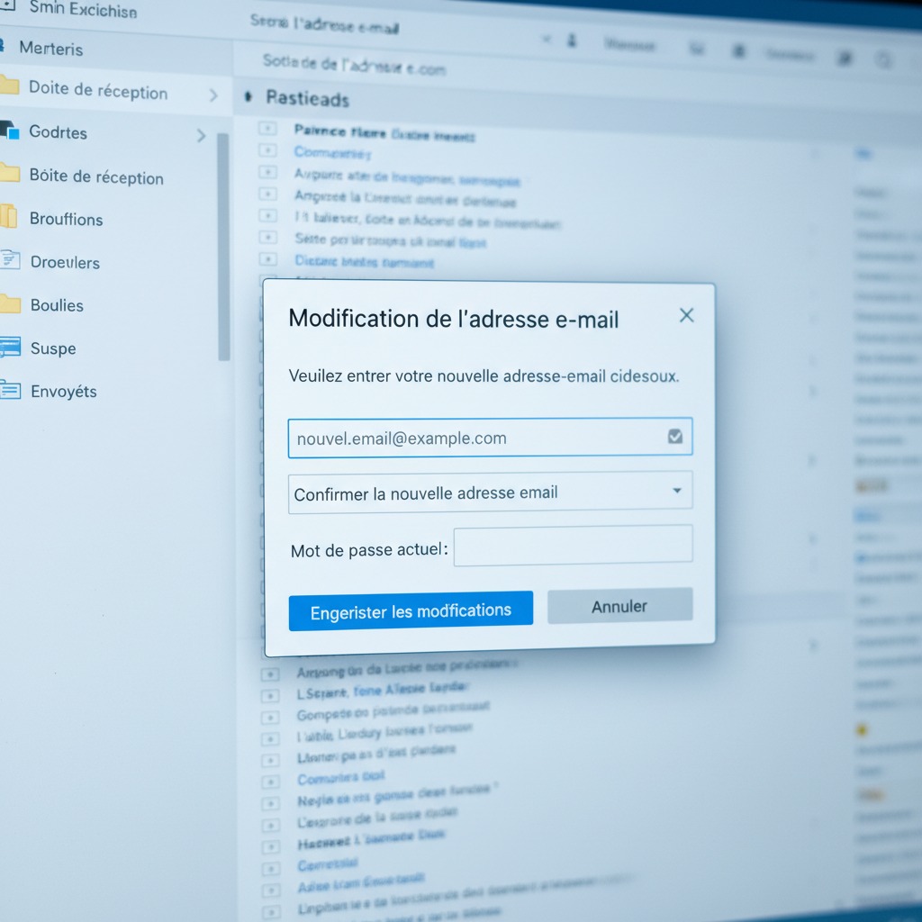 Une fenêtre contextuelle affiche un formulaire de modification d'adresse e-mail sur un écran d'ordinateur.